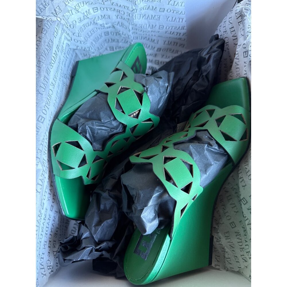 Emanuel Crasto Laser-Cut Wedge Sandals  Leather Green Italy-Made Size 38 New